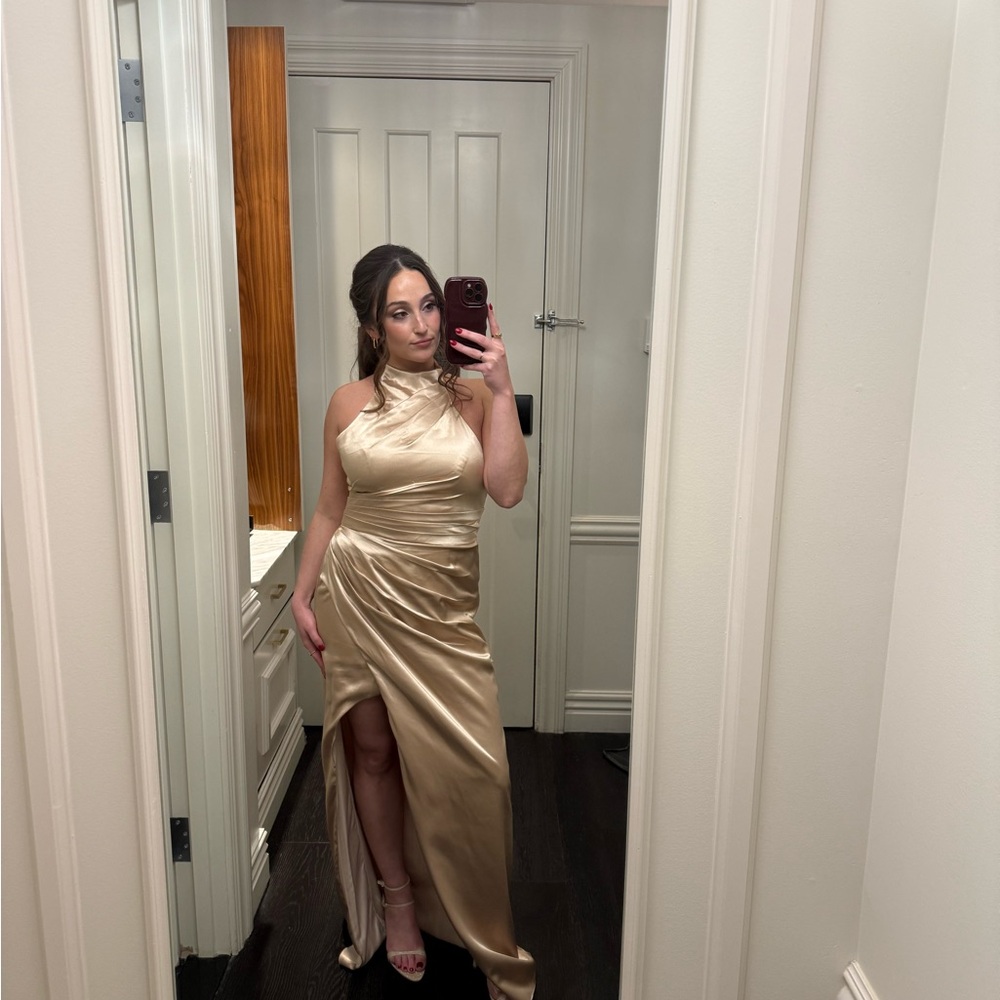 Azazie Gold Satin Halter Dress